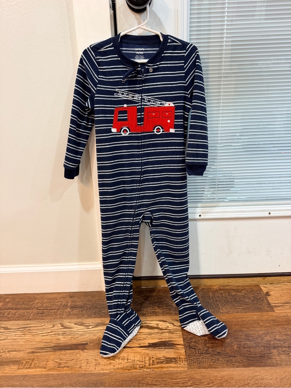Carter's Navy and White Striped Footed One-Piece with Red Fire Truck